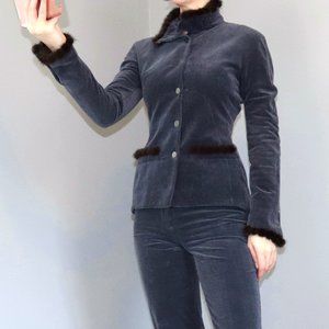CHANEL Sz 40 Blazer Jacket Navy Corduroy Mink Fur Trim Cashmere Vintage 2 / 4